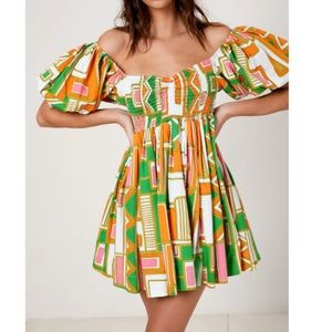 S/W/F geometric, puff sleeve, baby doll dress